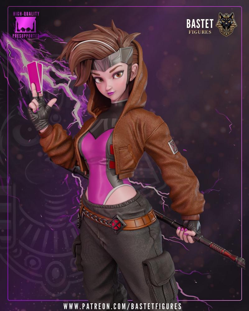 Gambit 3D model figure by Bastet Figures, holding pink cards with purple energy, wearing a brown hoodie and pink body...