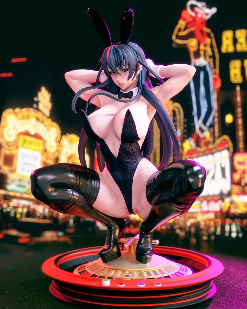 Igawa Asagi 3D model in bunny girl outfit, squatting on a roulette wheel base with casino lights in background.