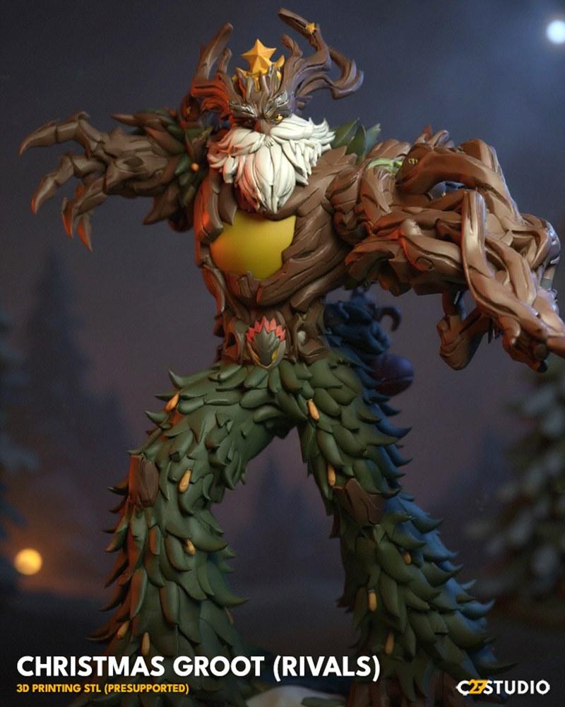 Christmas Groot (Rivals) 3D model figure by C27 Minis, featuring a tree creature with a white beard, star crown, and...
