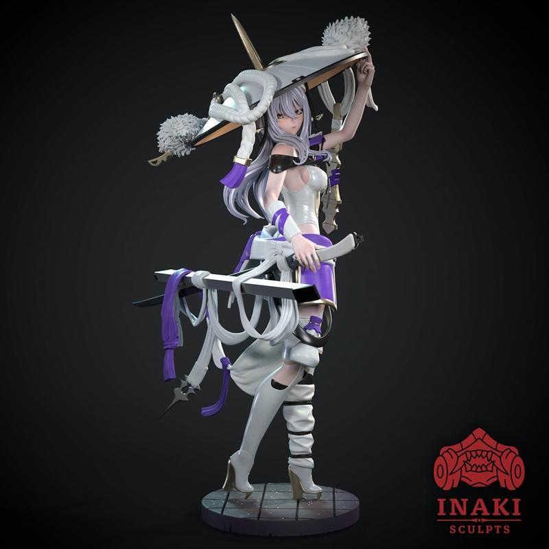 Scarlet from Nikke, a female anime-style character with long white hair, wearing a white and purple outfit and high h...
