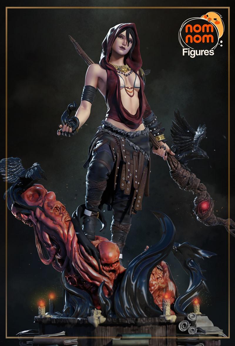 Nomnom Figures 3D model of Morrigan from Dragon Age, wearing a red hood and revealing outfit, holding a staff with a...