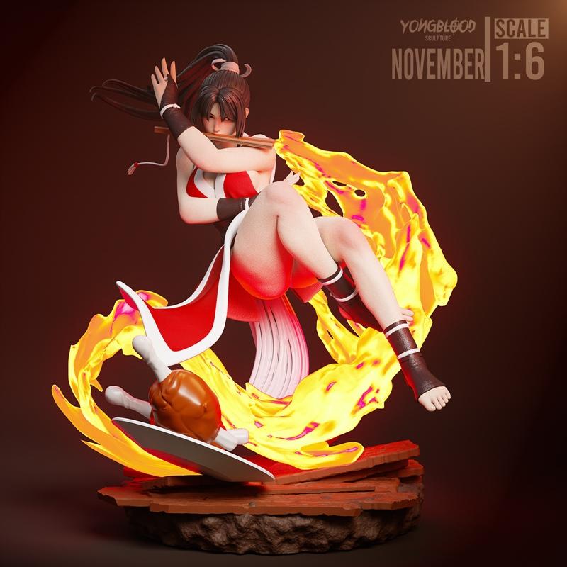 Mai Shiranui in a heroic pose with a sword and flames, 1:6 scale 3D print model.