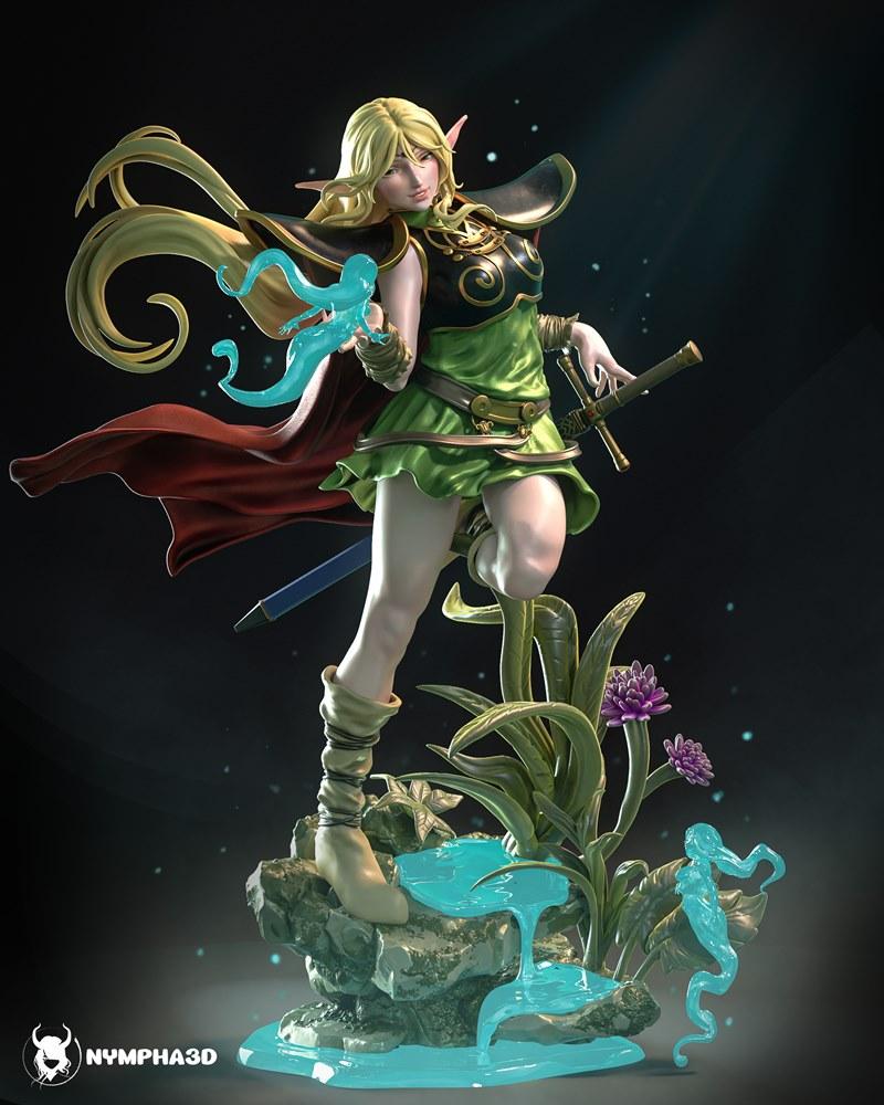 Anime elf warrior Deedlit in a heroic pose with sword and cape, surrounded by a floral and water-themed base.