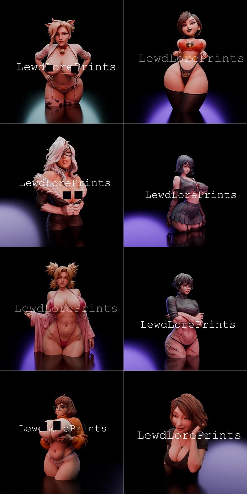 Collage of eight 3D printable miniatures from Lewd Lore Prints, each depicting a stylized female character in reveali...