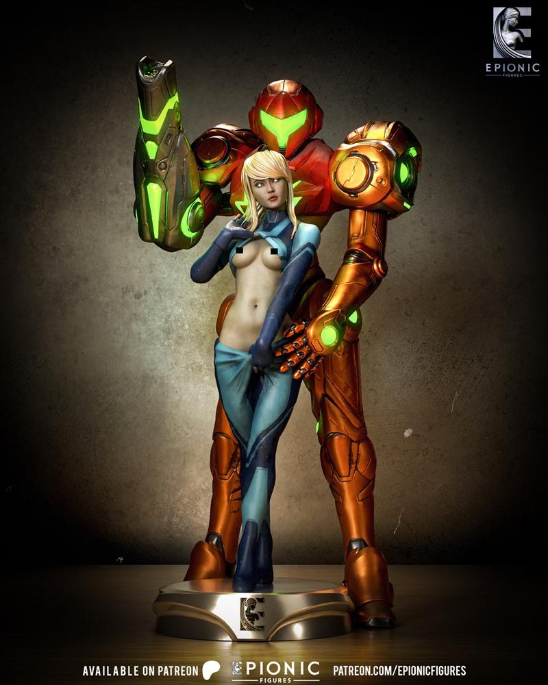 3D model of Samus Aran in her power suit, with a partially nude depiction of the character beside her. The suit is or...