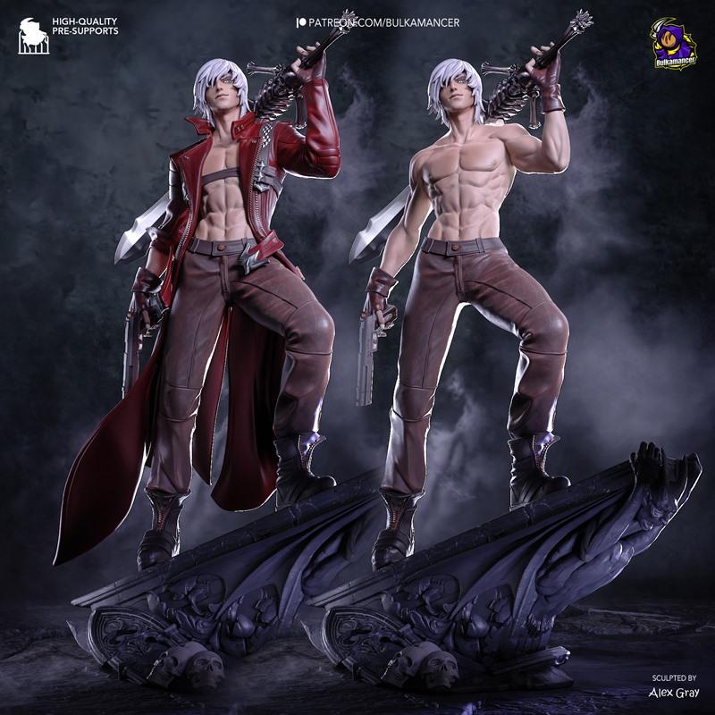 Dante from Devil May Cry 3 3D print model, shown in red coat and bare-chested variations, holding sword and guns on a...