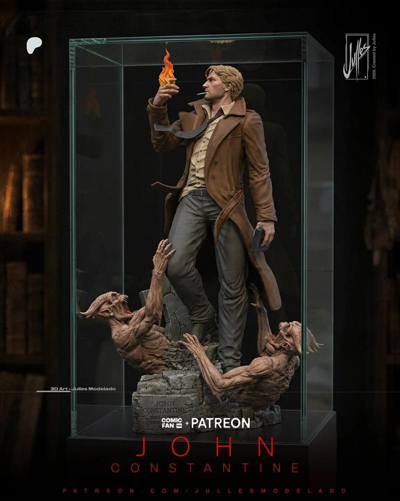 John Constantine 3D model figure, standing on a base with two demonic creatures, holding a flame and a cigarette, wea...