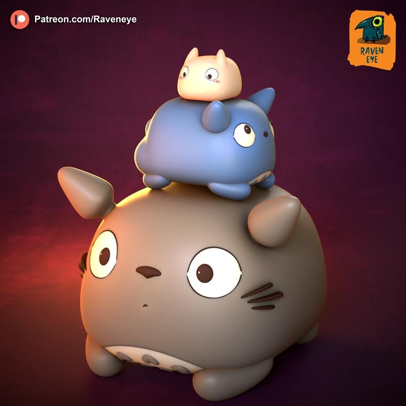3D model of Totoro and two smaller Totoros stacked on top of each other, rendered in a cute, stylized manner by Raven...