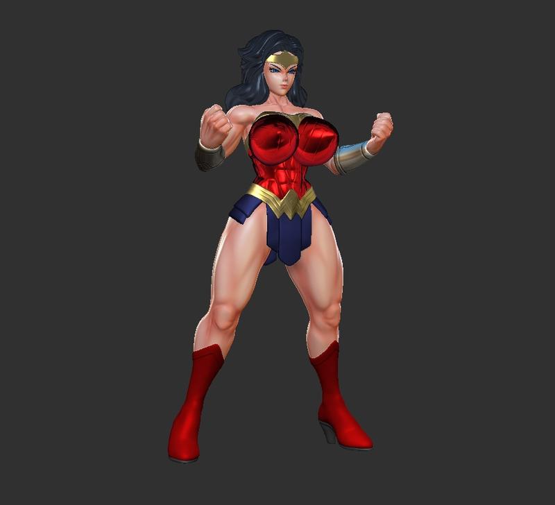 Stylized 3D model of Wonder Woman in a heroic stance, fists clenched, wearing her classic red, gold, and blue costume...