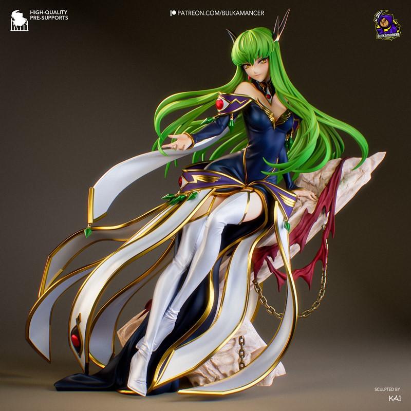 C.C. from Code Geass figure by Bulkamancer Sculpts, seated on a rock, wearing a dark blue and gold dress with flowing...