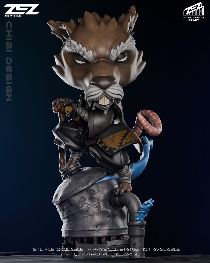 Chibi Splinter figure from Teenage Mutant Ninja Turtles, crouching on a pipe base, wearing ninja attire. ZEZ Studio m...