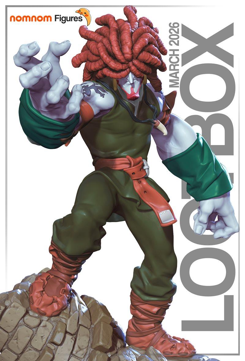 Nomnom Figures 3D model of Amarant from Final Fantasy IX, in an action pose on rocks, wearing green and orange attire...