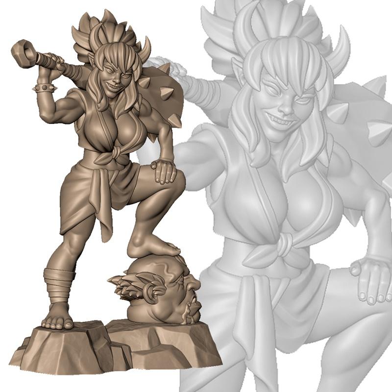 Muscular female oni warrior with horns and a spiked club, crouching on rocks with a severed head underfoot. Stylized...