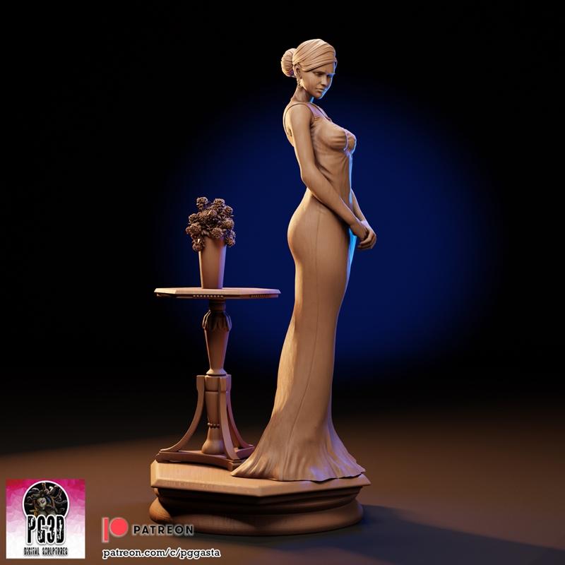 PG3D 3D model of Vesper Lynd from James Bond, wearing an elegant evening gown and standing beside a small table with...