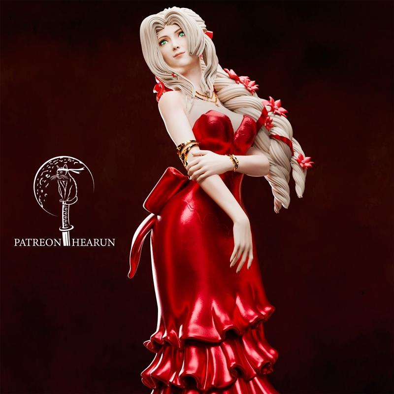 3D model of Aerith Gainsborough from Final Fantasy in a flowing red gown with flowers in her blonde hair, posed grace...