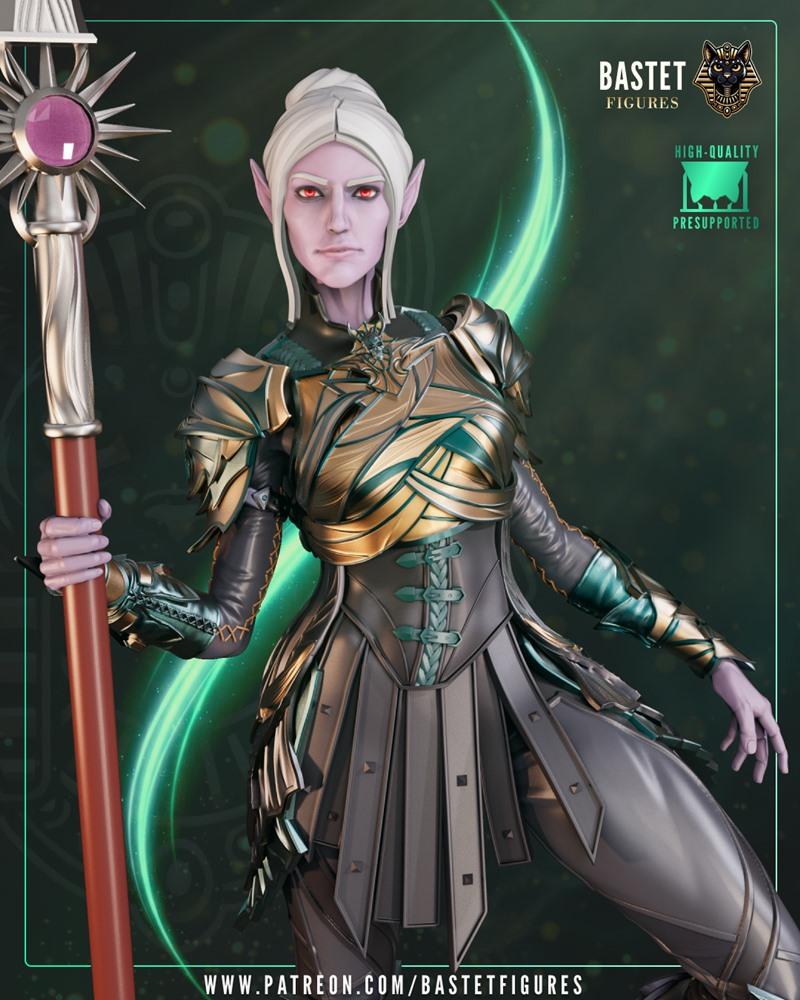 3D model of Minthara from Baldur's Gate, an elf with white hair and red eyes, wearing ornate gold and dark armor, hol...