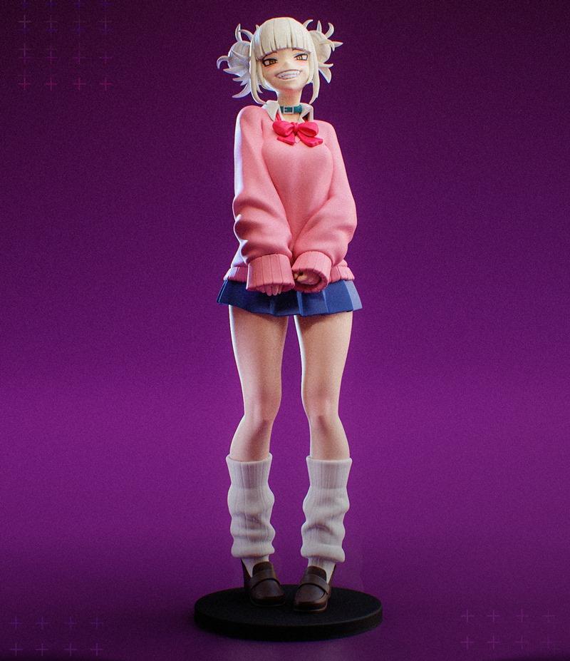 Himiko Toga 3D model figure in pink sweater, blue skirt, white leg warmers, and dark shoes, with blonde twin-tails an...