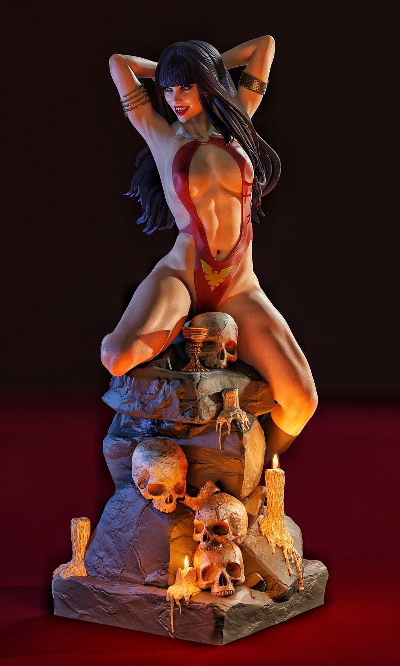 Vampirella figure in a revealing red costume, kneeling on a rocky base with skulls and candles, hands behind her head...