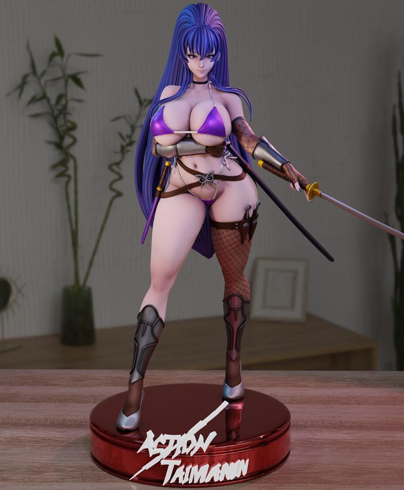 Akiama Rinko 3D model in a purple bikini, holding a katana, wearing armored gauntlets and thigh-high stockings.