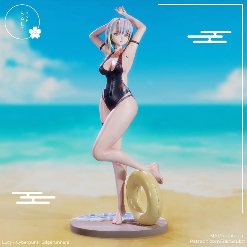 Lucy from Cyberpunk: Edgerunners in a black swimsuit posing on a beach with a yellow inflatable ring, by SaltSculpt.