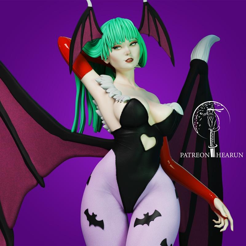 Morrigan Aensland 3D model figure by Hearun, green hair, black leotard with heart cutout, bat wings, patterned stocki...