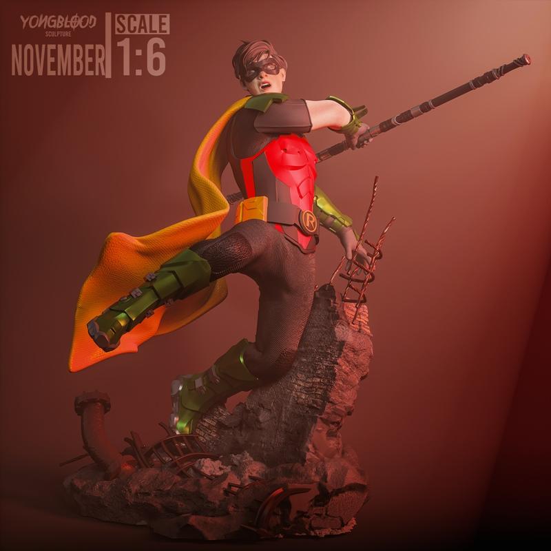 Robin 1:6 scale 3D model figure in dynamic combat pose, wielding a staff, wearing red and green costume with yellow c...