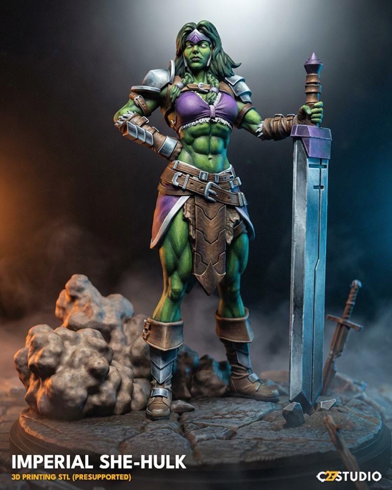 Imperial She-Hulk 3D model figure, muscular green-skinned woman in purple and brown armor, holding a large sword, sta...