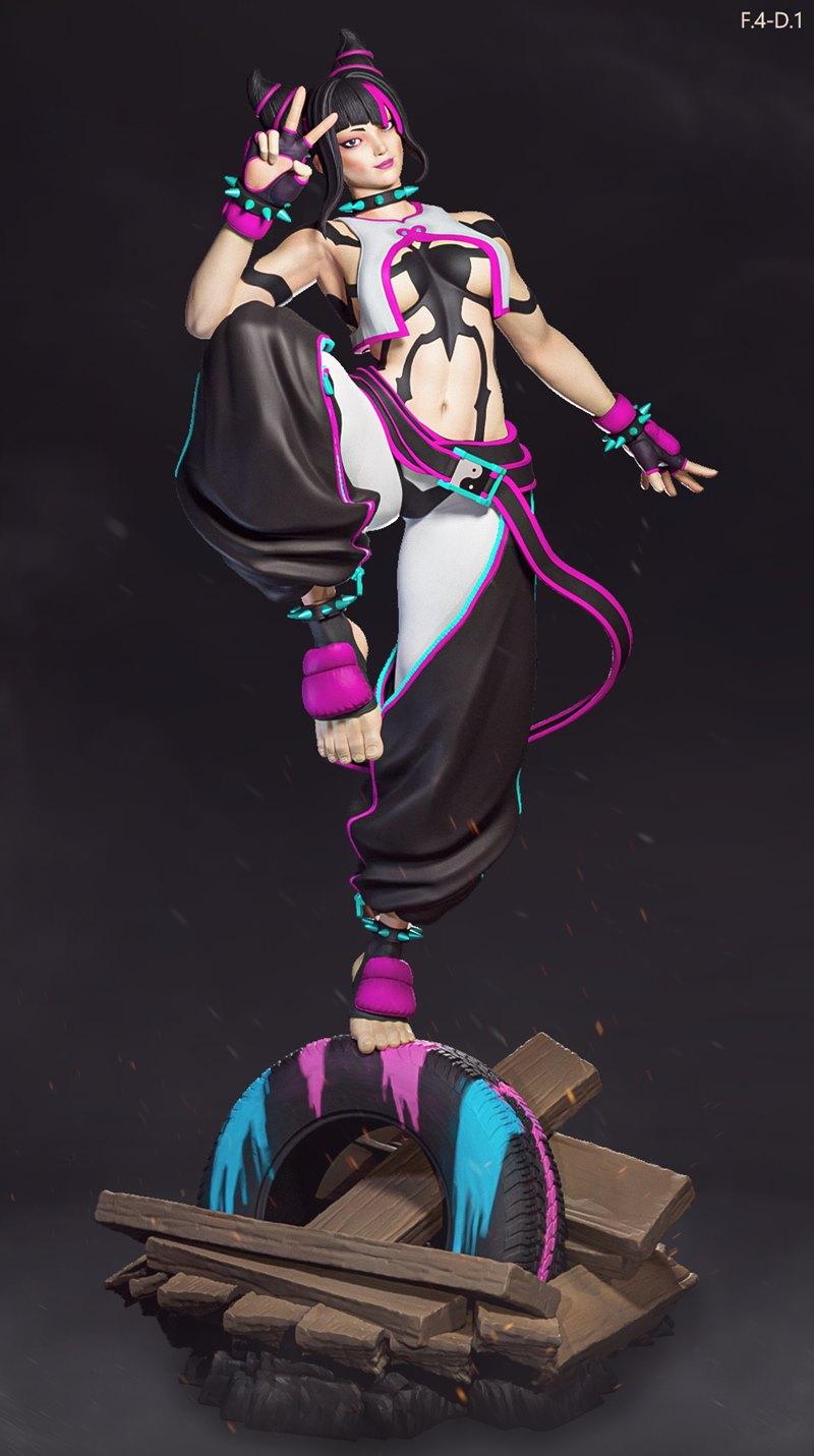 Juri Han 3D model figure in a martial arts stance, wearing a black and white outfit with pink and cyan accents, stand...