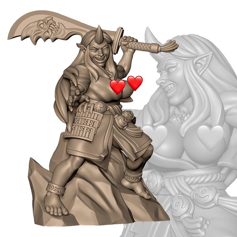 3D model of Oni sister C, a demonic female warrior with horns, holding a large sword, wearing armor and traditional c...