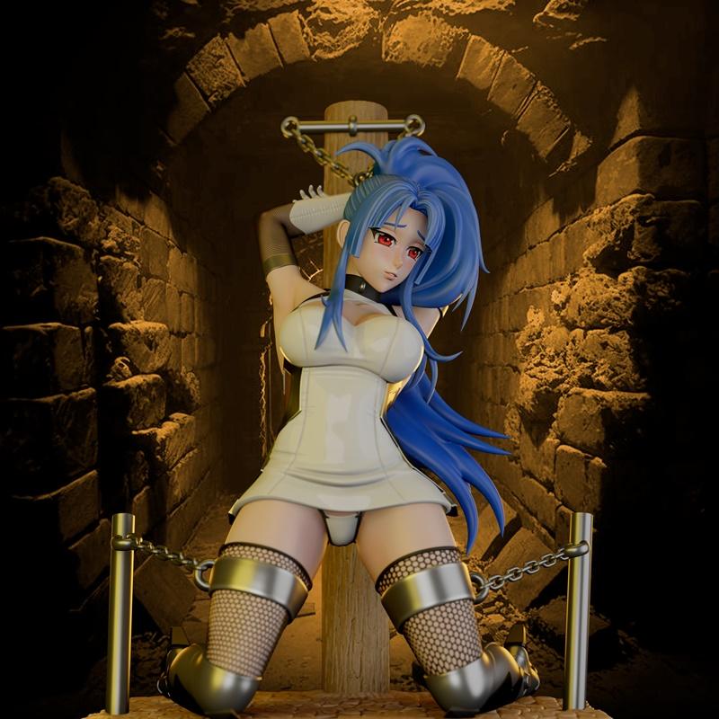 Murasaki character 3D model, kneeling bound by chains, wearing a short white dress, fishnet stockings, and metallic b...