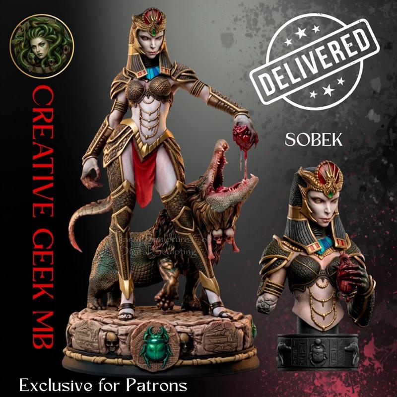 3D model of Sobek, an Egyptian goddess in golden armor, standing with a crocodile holding a heart. Includes a separat...