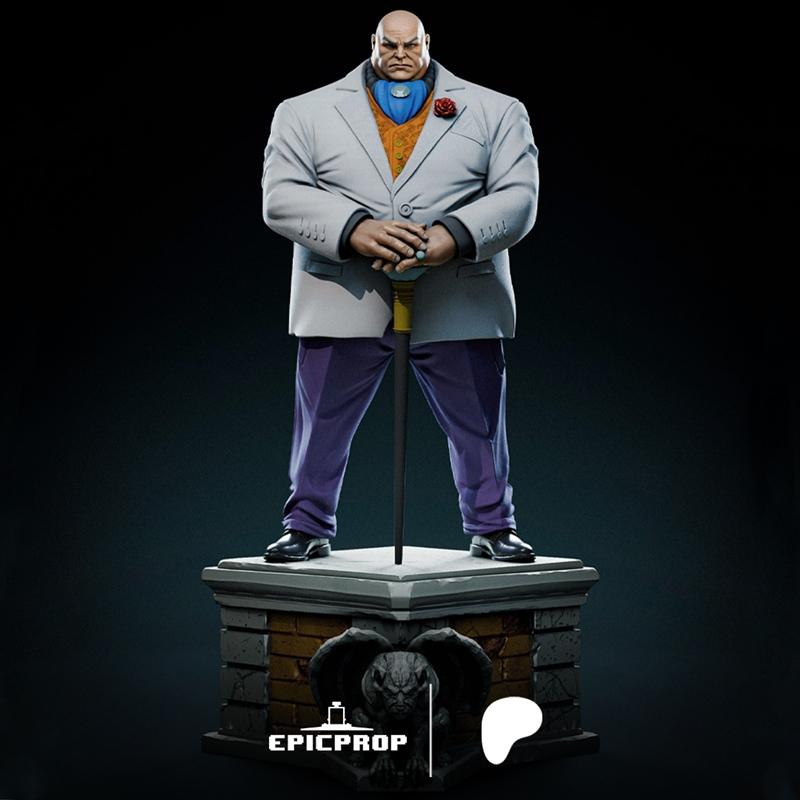 3D model figure of Kingpin in a white suit and purple pants, holding a cane, standing on a gargoyle-adorned base.