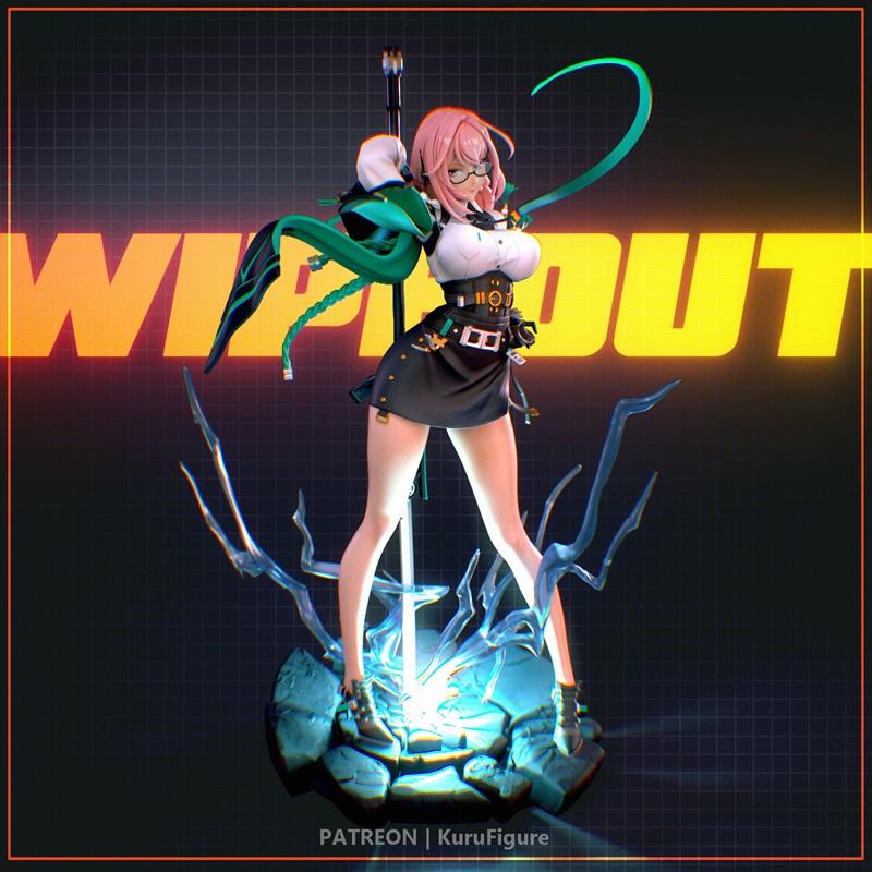 3D printable figure of Yanagi by Kuru Figure, standing on a glowing energy base with a sword. She wears glasses, a sh...