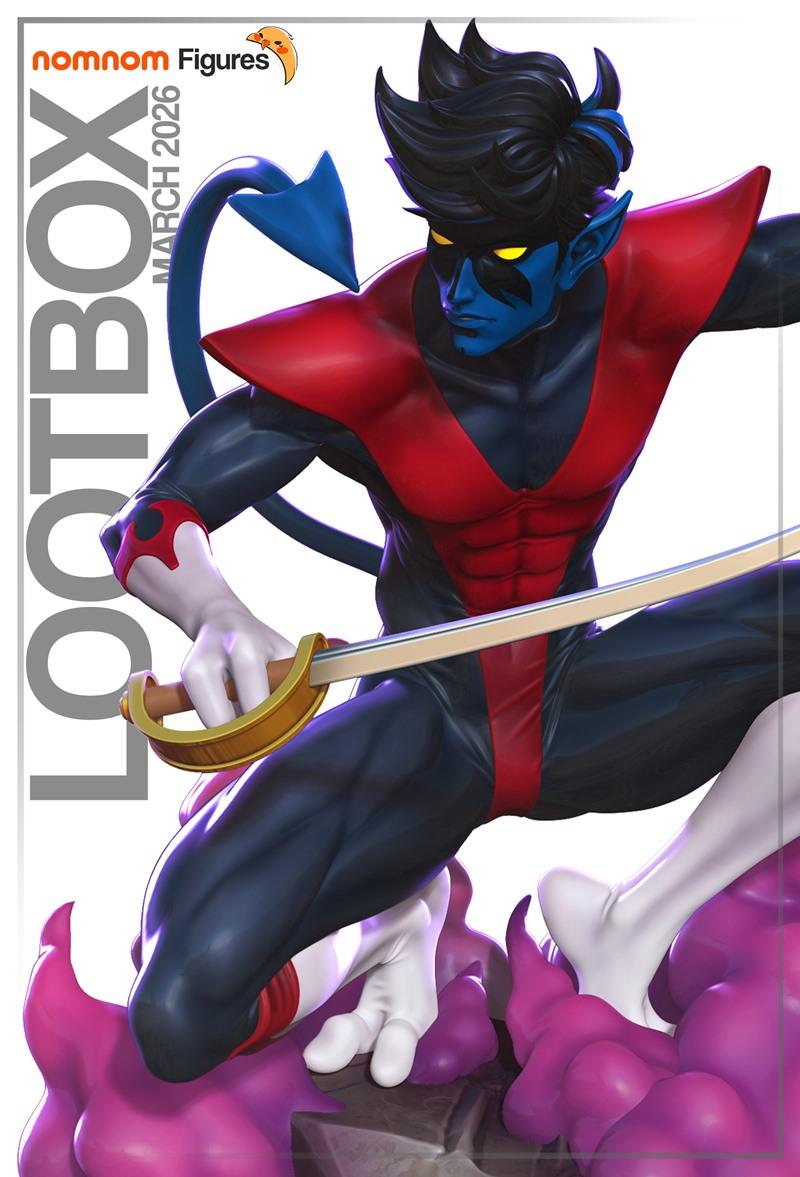 Nightcrawler from X-Men in a dynamic pose, wielding a sword, with blue skin, red and black costume, and swirling purp...