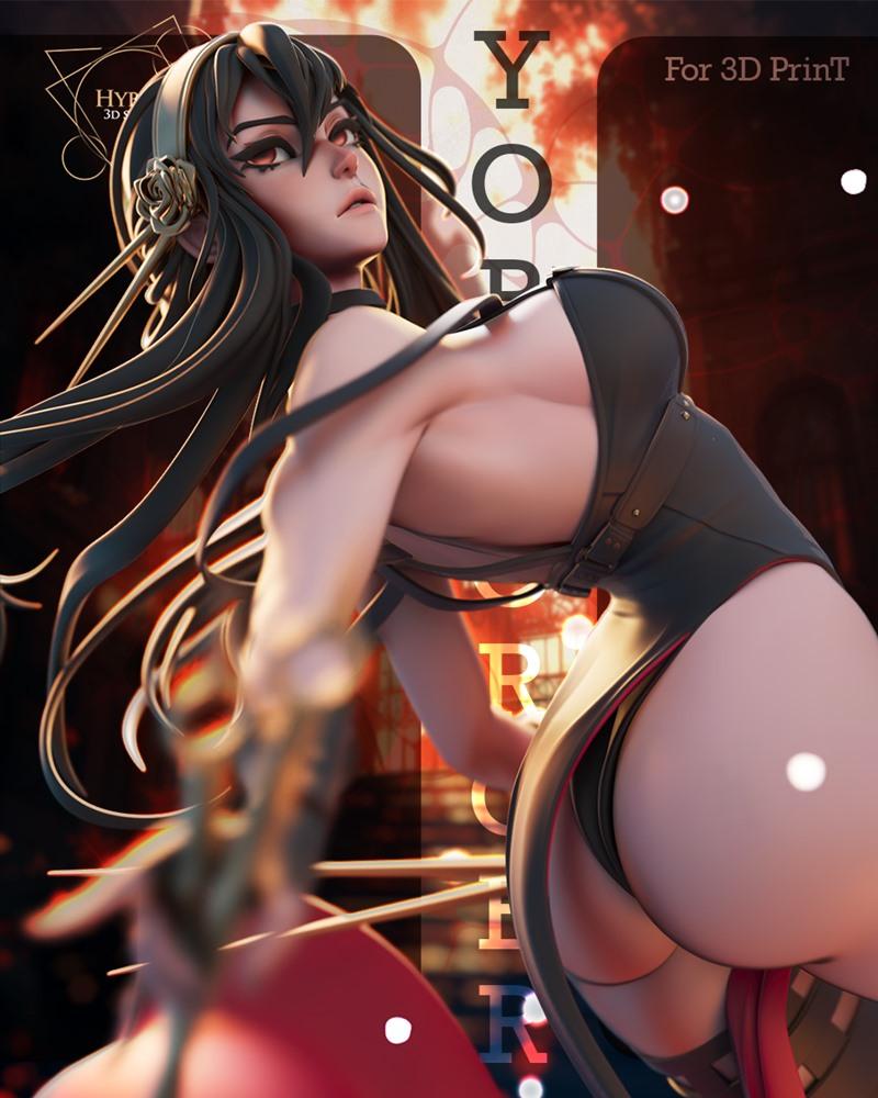 Yor Forger 3D model from Spy x Family by Hybris Studios, wearing a revealing black dress and holding a sword, in a dy...