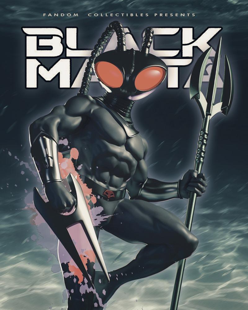 Black Manta figure with red-eyed helmet, holding a trident and blade, wearing black armor. Fandom Collectibles 3D model.