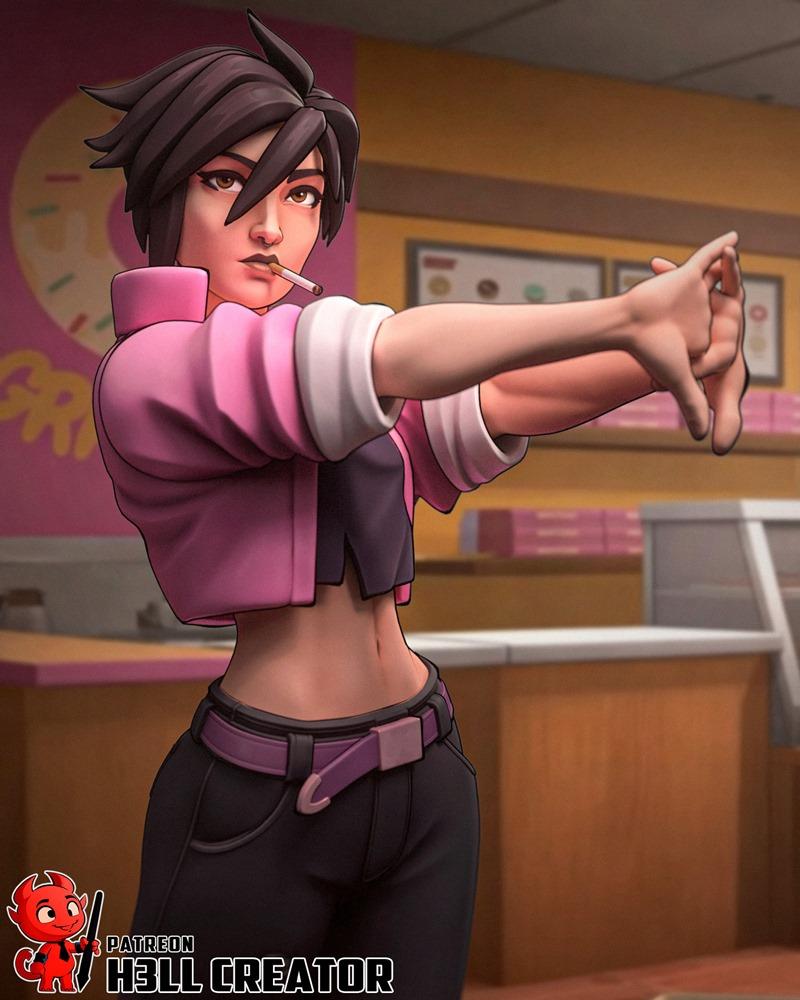3D model of Invisigal, a female character with short dark hair, wearing a pink cropped jacket, dark top, and black pa...
