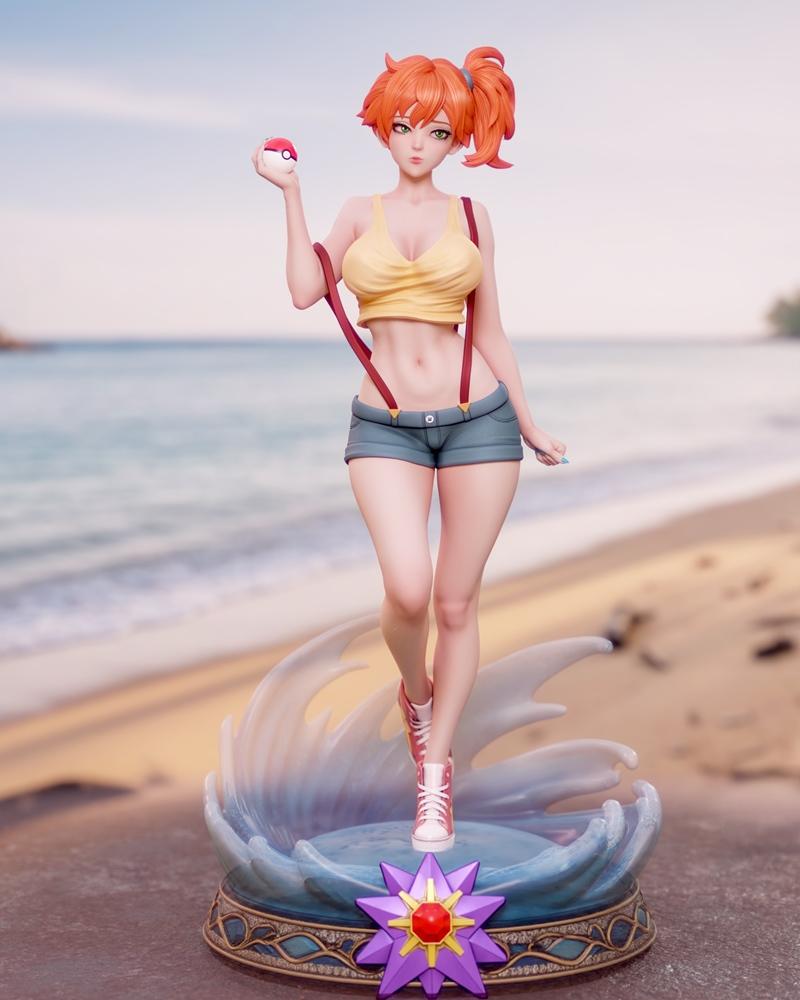3D model of Misty from Pokemon, wearing a yellow crop top and denim shorts, holding a Pokeball, standing on a water s...