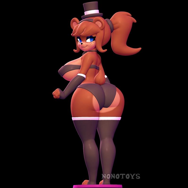 3D model of Frenni, a stylized female bear character from FNaF, wearing a revealing outfit and a top hat, posed provo...