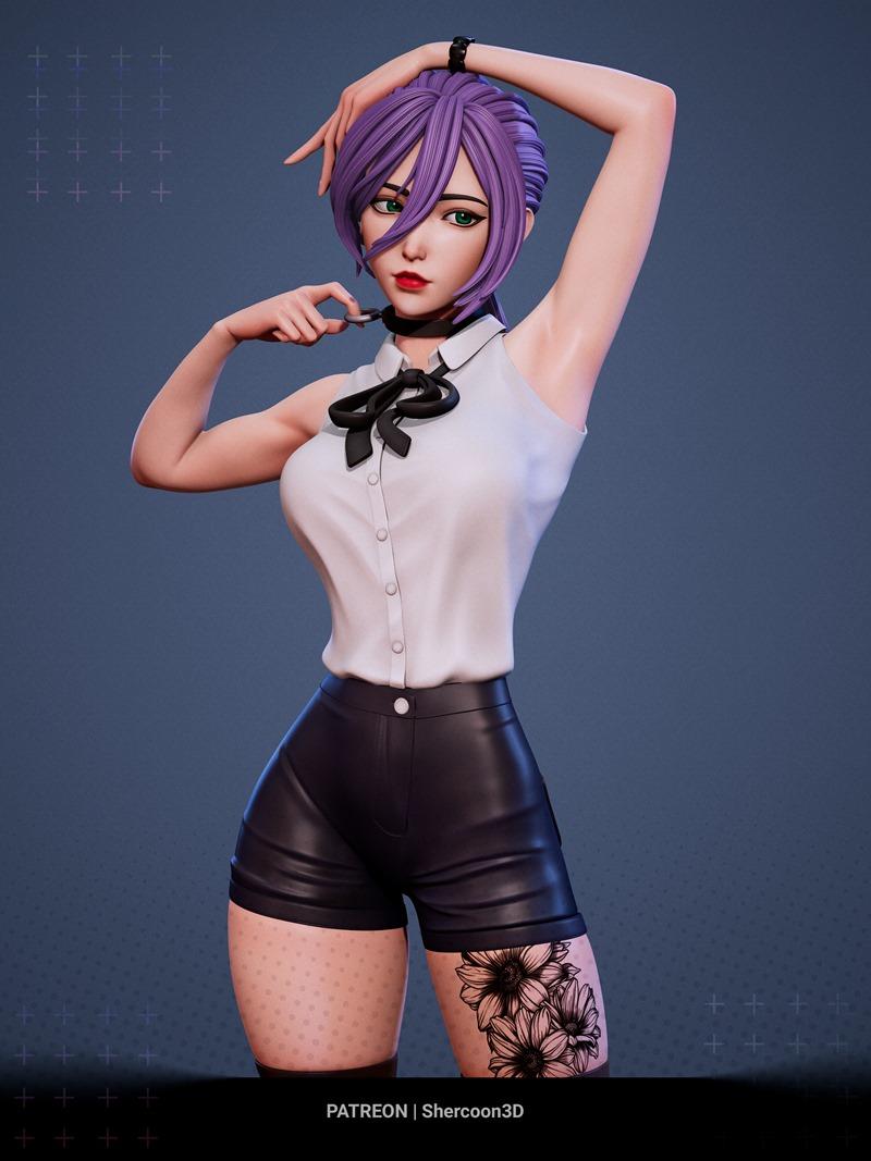 3D model of Reze from Chainsaw Man, wearing a white sleeveless shirt and black leather shorts, with purple hair and a...