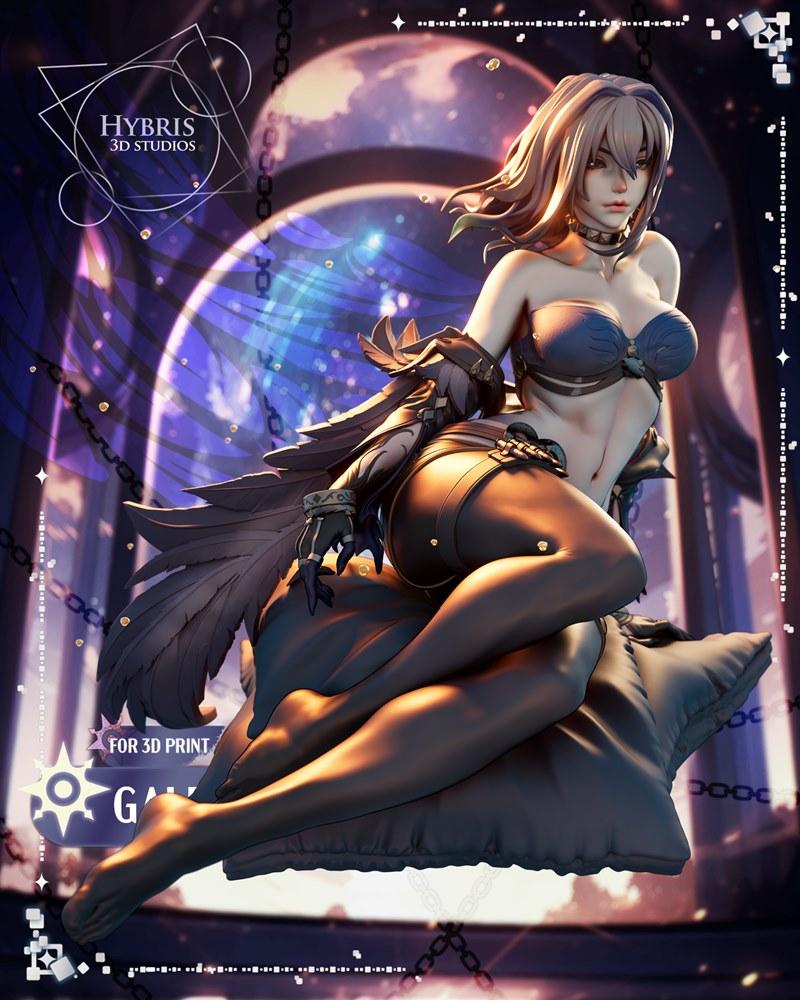 Galbrena figure by Hybris 3D Studios, seated provocatively on a dark cushion, wearing a blue bikini top, dark shorts,...