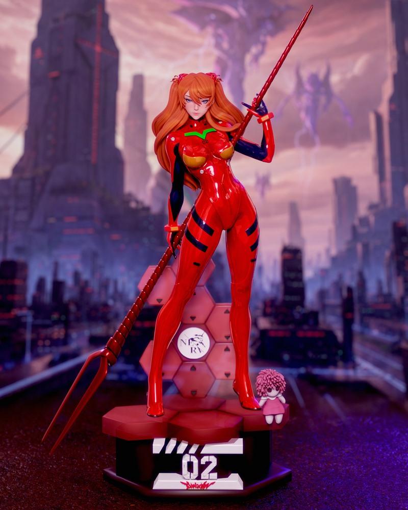 3D model of Asuka Evangelion in a red plugsuit holding a spear, standing on a hexagonal base with '02' designation an...