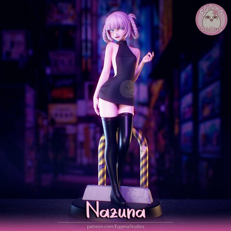 Anime-style figure of Nazuna by Eggma Studios, wearing a short black knit dress and thigh-high boots, with purple bra...