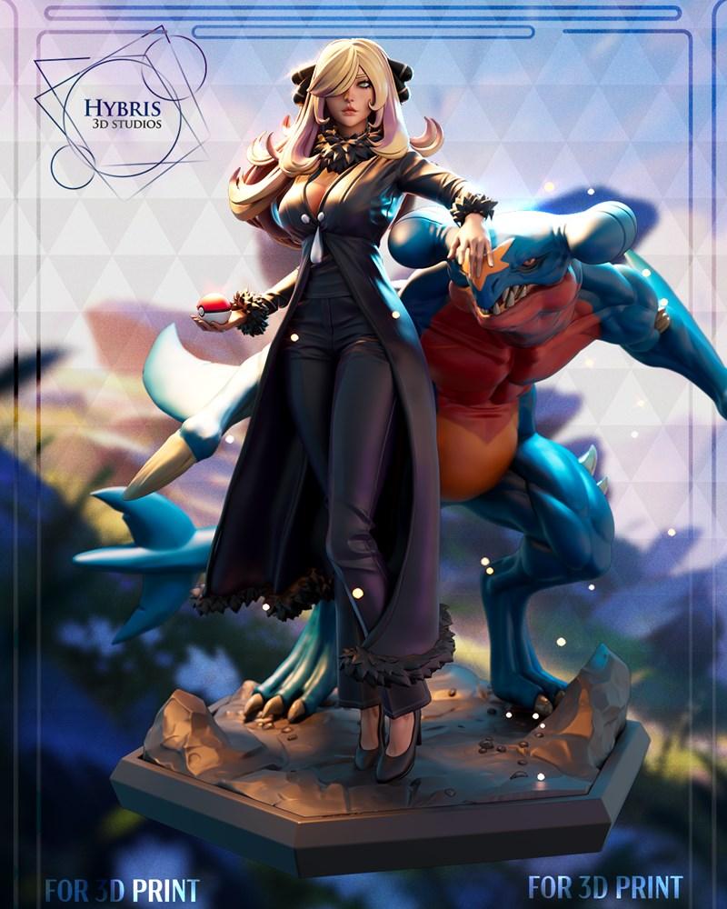 3D model figure of Cynthia from Pokémon standing with Garchomp, holding a Poké Ball, wearing a long coat and pants.
