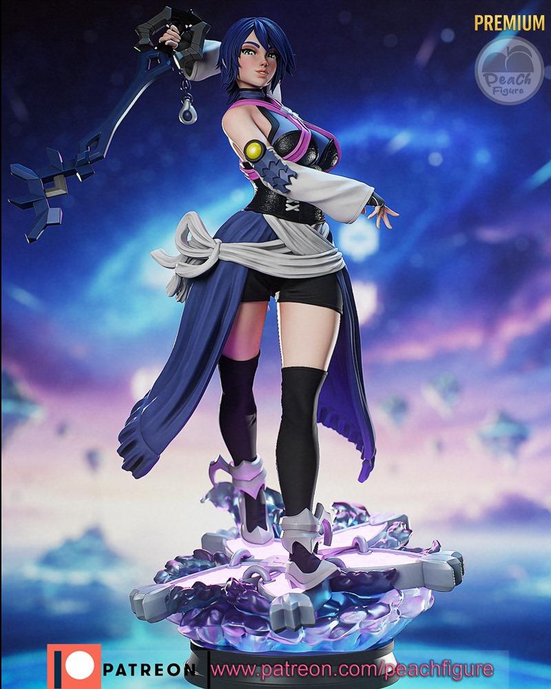 Aqua from Kingdom Hearts holding a Keyblade, standing on a crystalline base, detailed 3D model by Peach Figure.