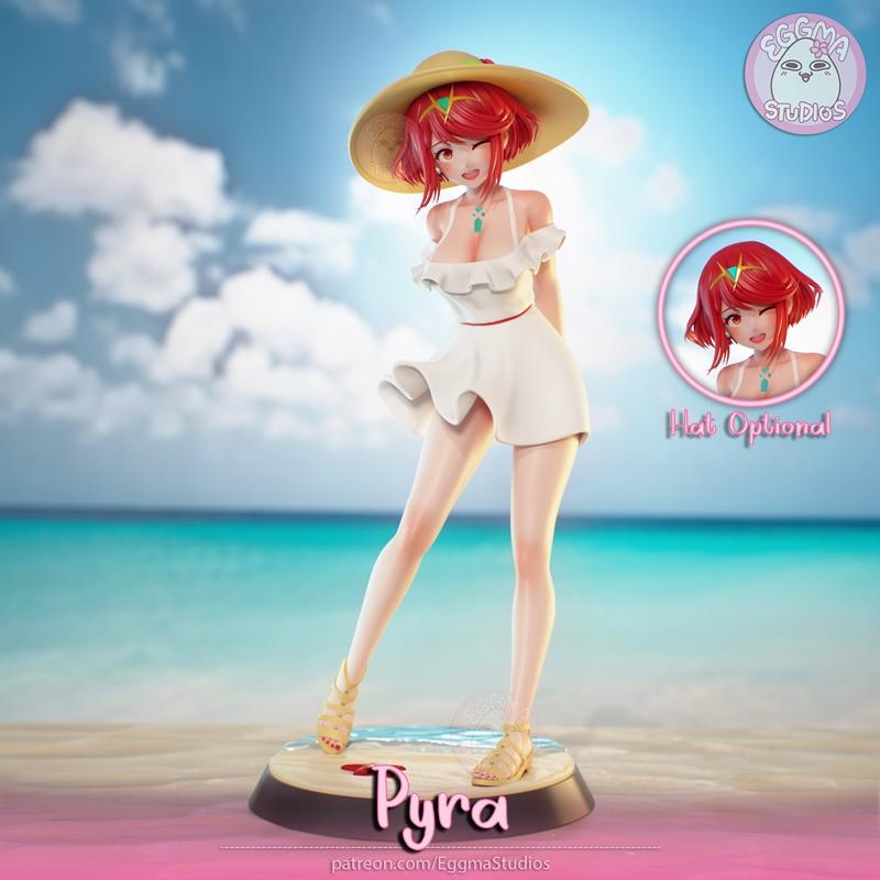 Eggma Studios Pyra 3D model figure on a beach base, wearing a white sundress and optional straw hat, with a tropical...