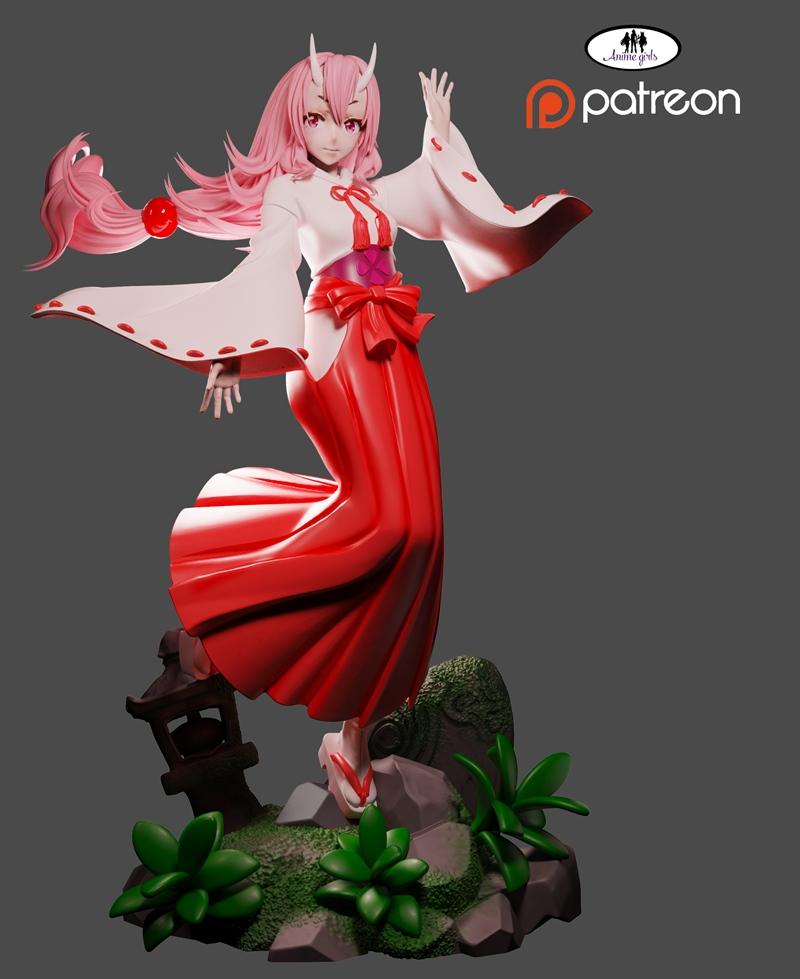 Shuna from That Time I Got Reincarnated as a Slime, a 3D model figure with pink hair, horns, and a red and white kimo...
