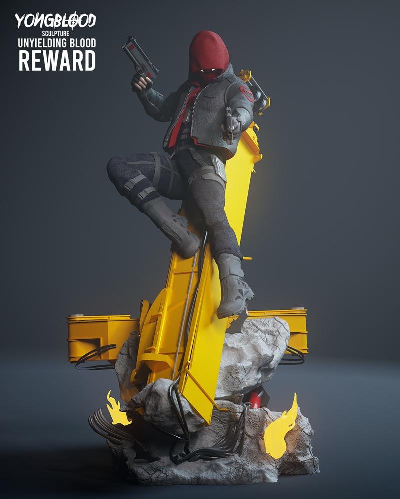 Red Hood 2 in a heroic stance, holding a gun, wearing a hooded outfit and combat gear.