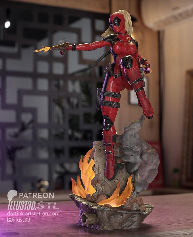 3D model of Lady Deadpool in a red suit, firing a pistol, standing on a base with fire and smoke effects.