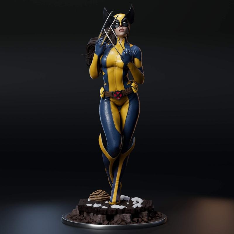 3D model of Laura Kinney Wolverine in yellow and blue suit, extending adamantium claws, standing on a detailed base.